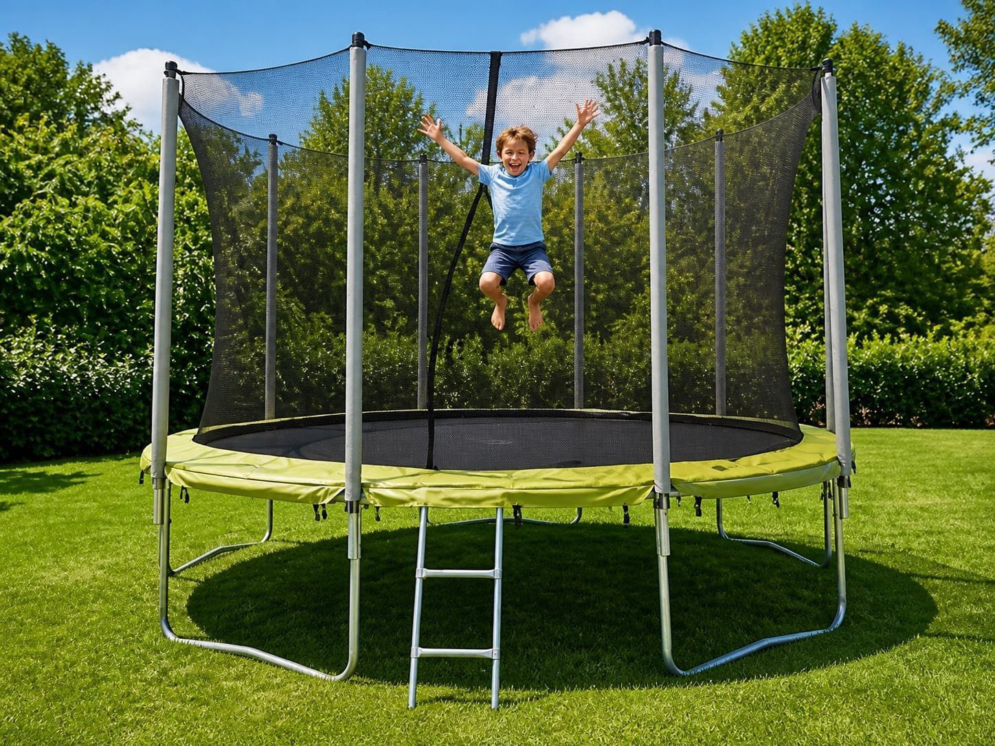 Cama elástica con red de seguridad y escalera – Castillos Hinchables Madrid