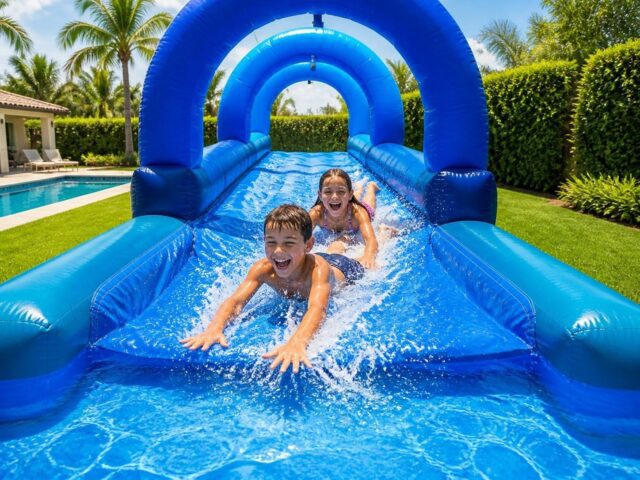 Niños deslizándose por un deslizador hinchable acuático con arcos – Castillos Hinchables Madrid