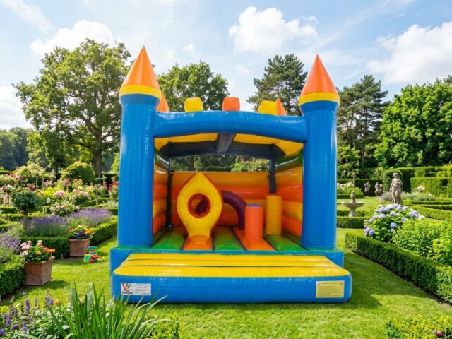 Combo hinchable Fortaleza azul con torres de punta naranja, obstáculos y colchoneta de colores en un jardín con flores – Castillos Hinchables Madrid