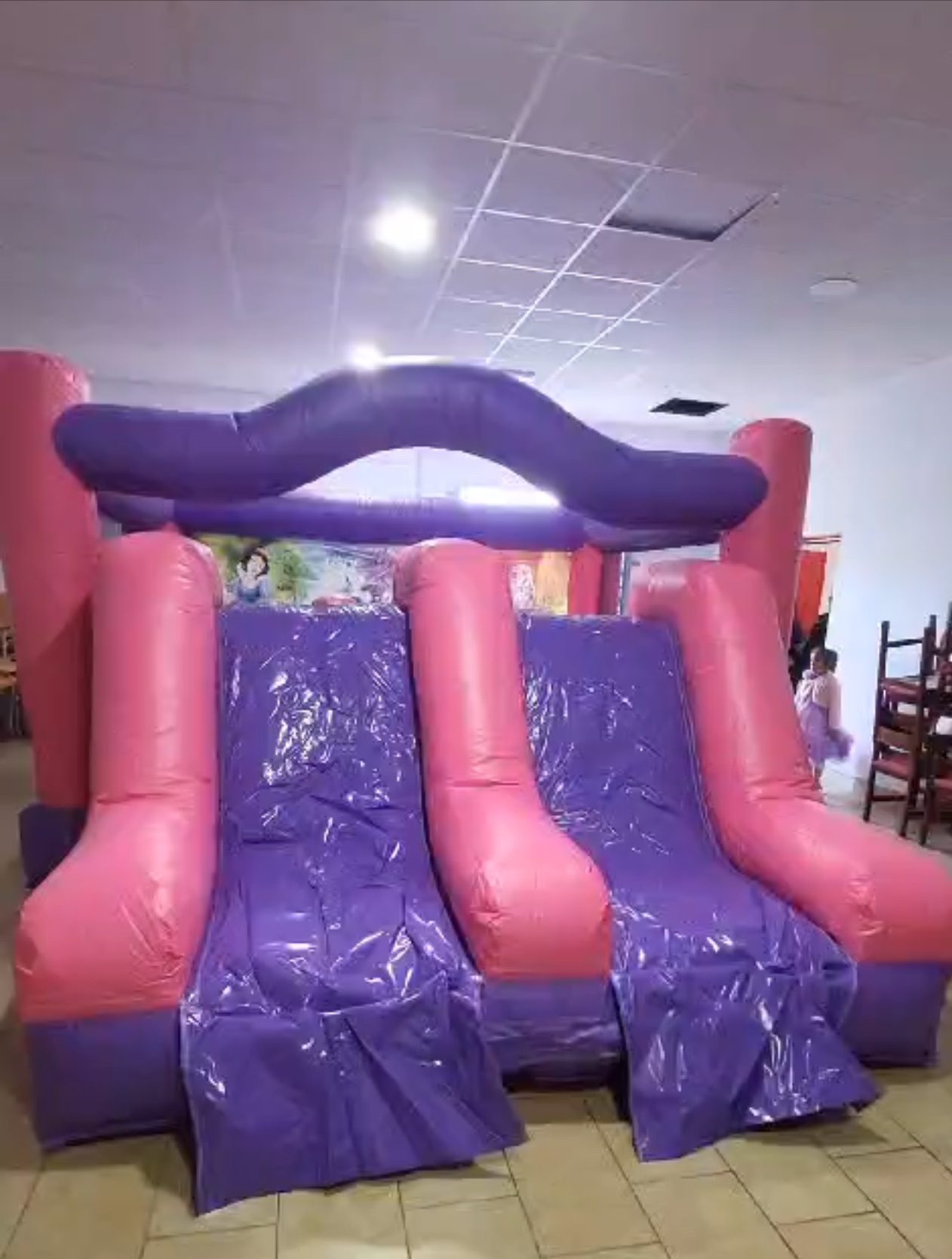 Castillo hinchable doble tobogán Princesas y Unicornios visto de frente – Castillos Hinchables Madrid