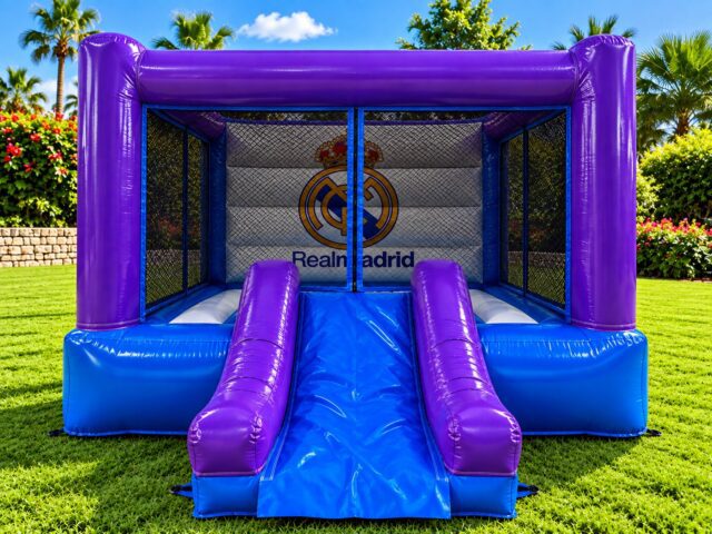 Castillo hinchable Real Madrid morado y azul con tobogán y lona con el escudo madridista – Castillos Hinchables Madrid