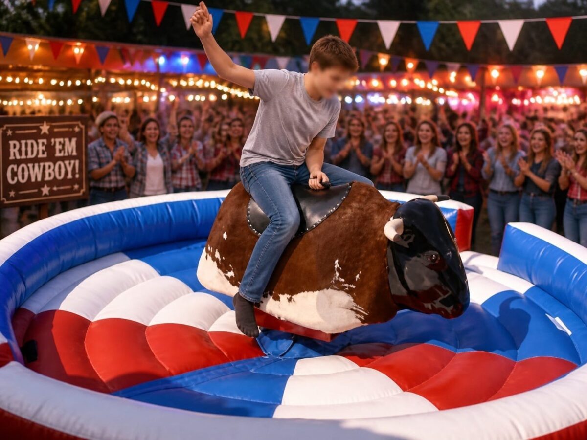 Chico montando el toro mecánico hinchable en una fiesta nocturna con público animando – Castillos Hinchables Madrid